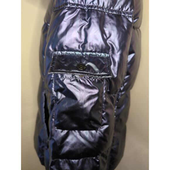 S13 NY blue metallic satin space Y2K futuristic Kylie puffer jacket - Picture 4 of 14